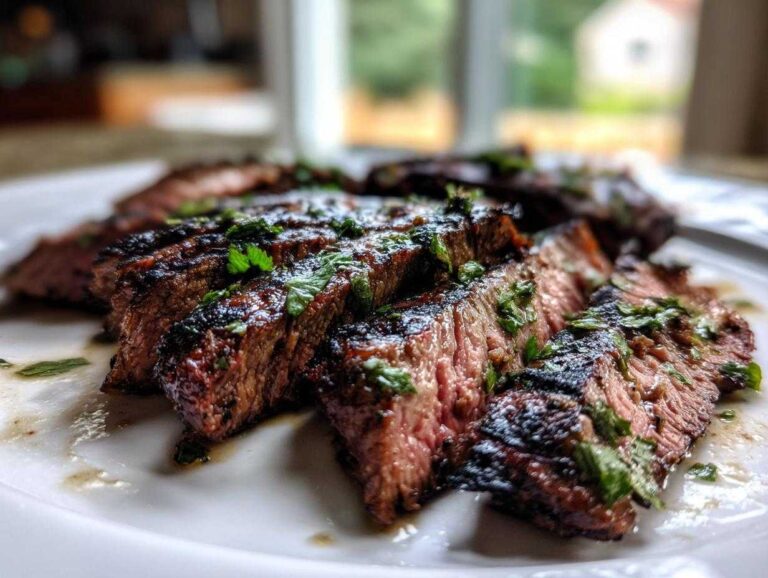 Close-up of medium-rare sliced steak glistening with juices, topped with cilantro, showing the results of the carne asada marinade.