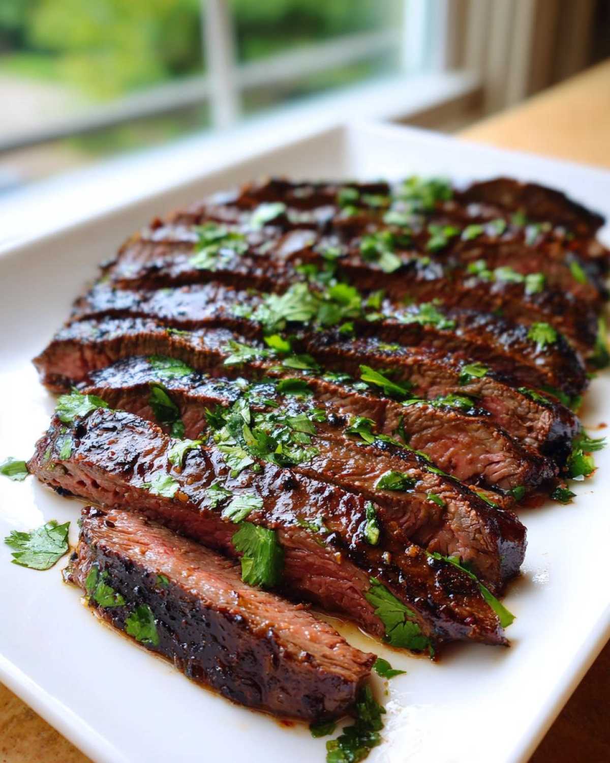 Juicy, medium-rare sliced steak coated in a dark glaze, garnished with fresh cilantro, showing the results of the carne asada marinade.