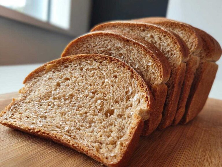 Close-up of several slices of homemade whole wheat bread fanned out on a wooden cutting board.