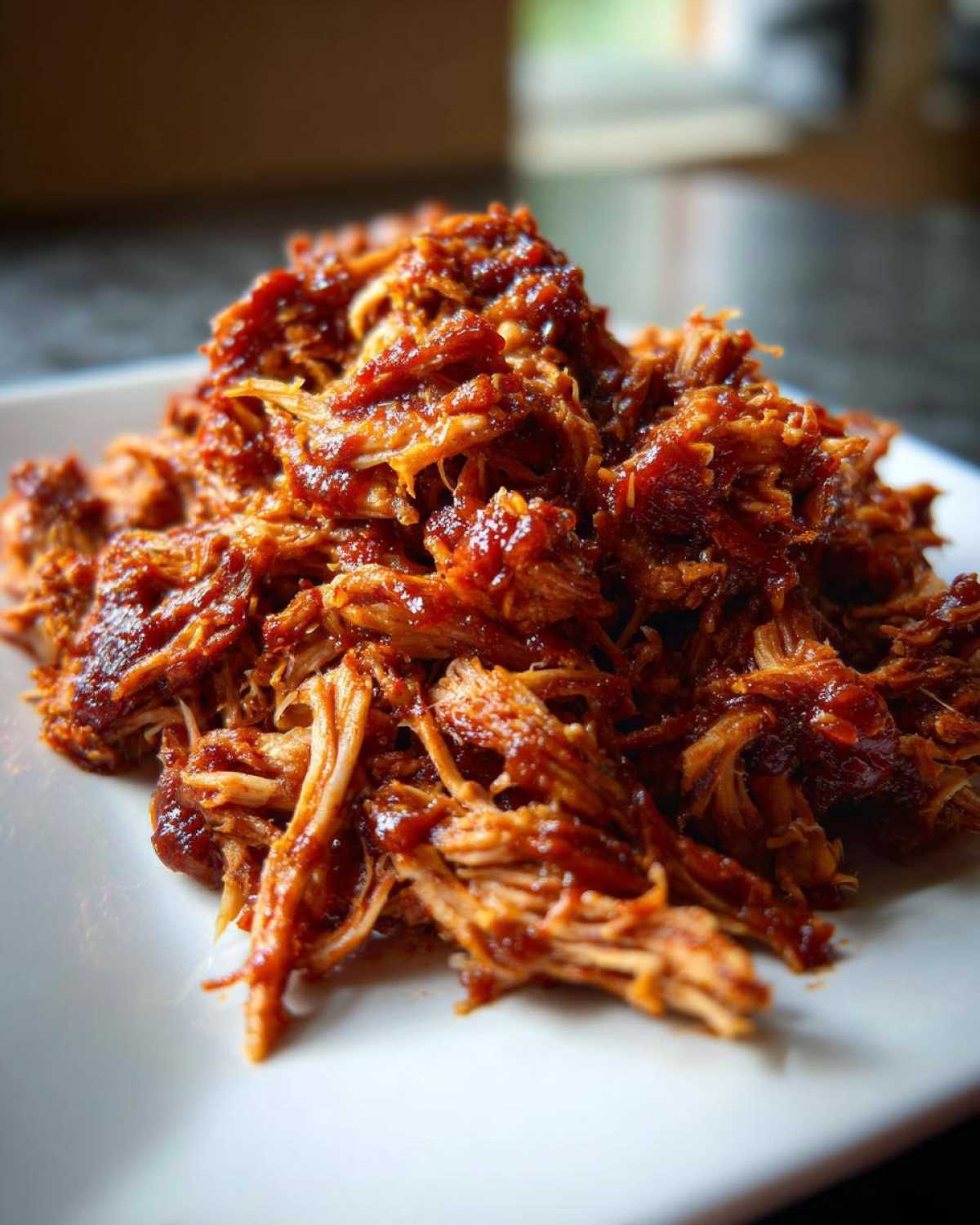 Close-up of tender, shredded Slow cooker pulled pork coated heavily in rich barbecue sauce, piled on a white plate.