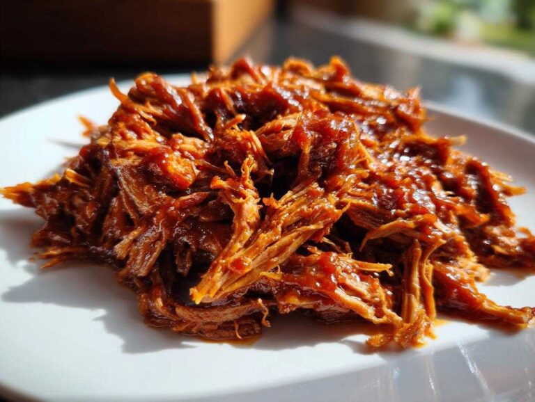 Close-up of tender, shredded Slow cooker pulled pork coated in rich barbecue sauce, served on a white plate.