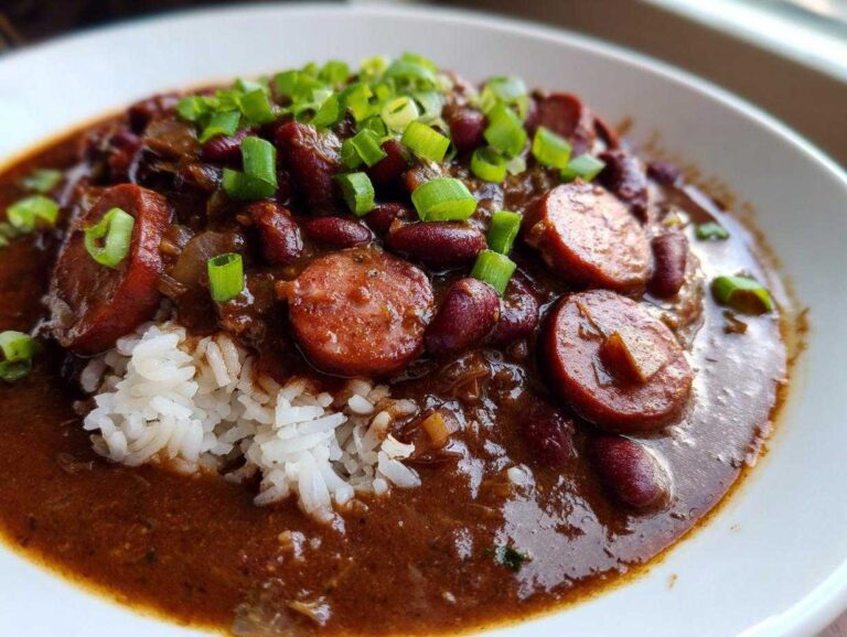 A close-up of a bowl of rich, dark slow cooker red beans and rice topped with sliced smoked sausage and green onions.