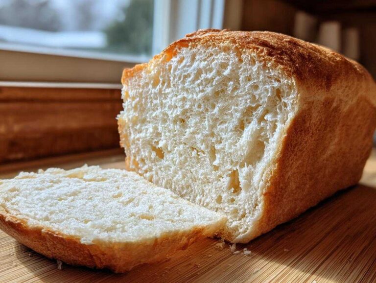 Close-up of a freshly baked loaf of condensed milk bread, sliced to show the soft, white crumb.
