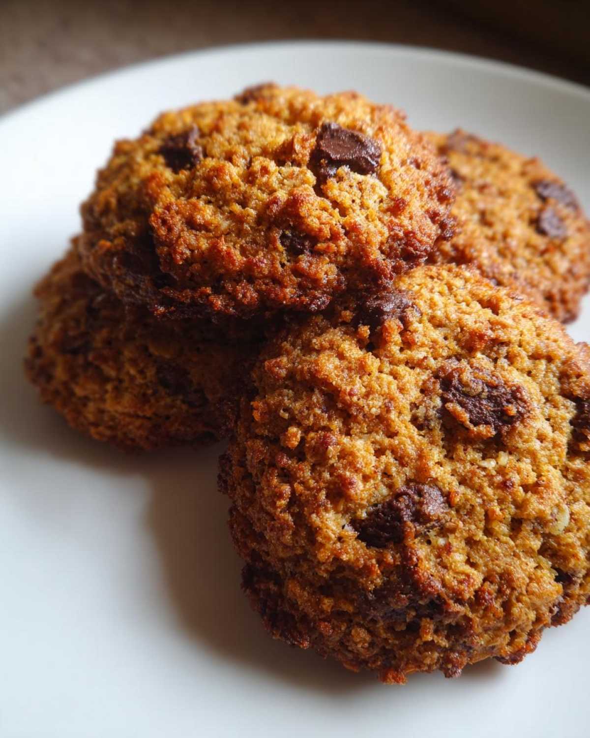 A stack of three golden brown, soft oatmeal cookie treats studded with dark chocolate chips, resting on a white plate.