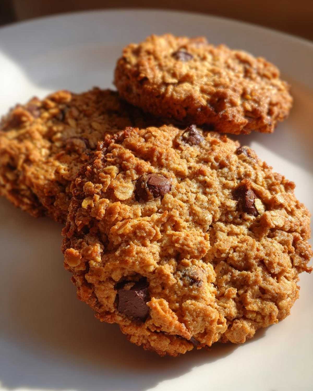 Three golden brown, soft oatmeal cookie treats studded with dark chocolate chunks resting on a white plate.