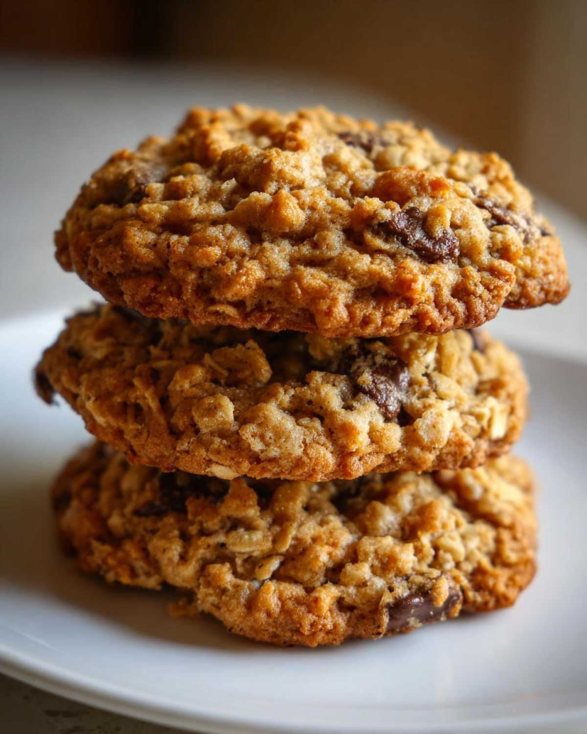 A vertical stack of three soft oatmeal cookie treats with visible chocolate chips resting on a white plate.
