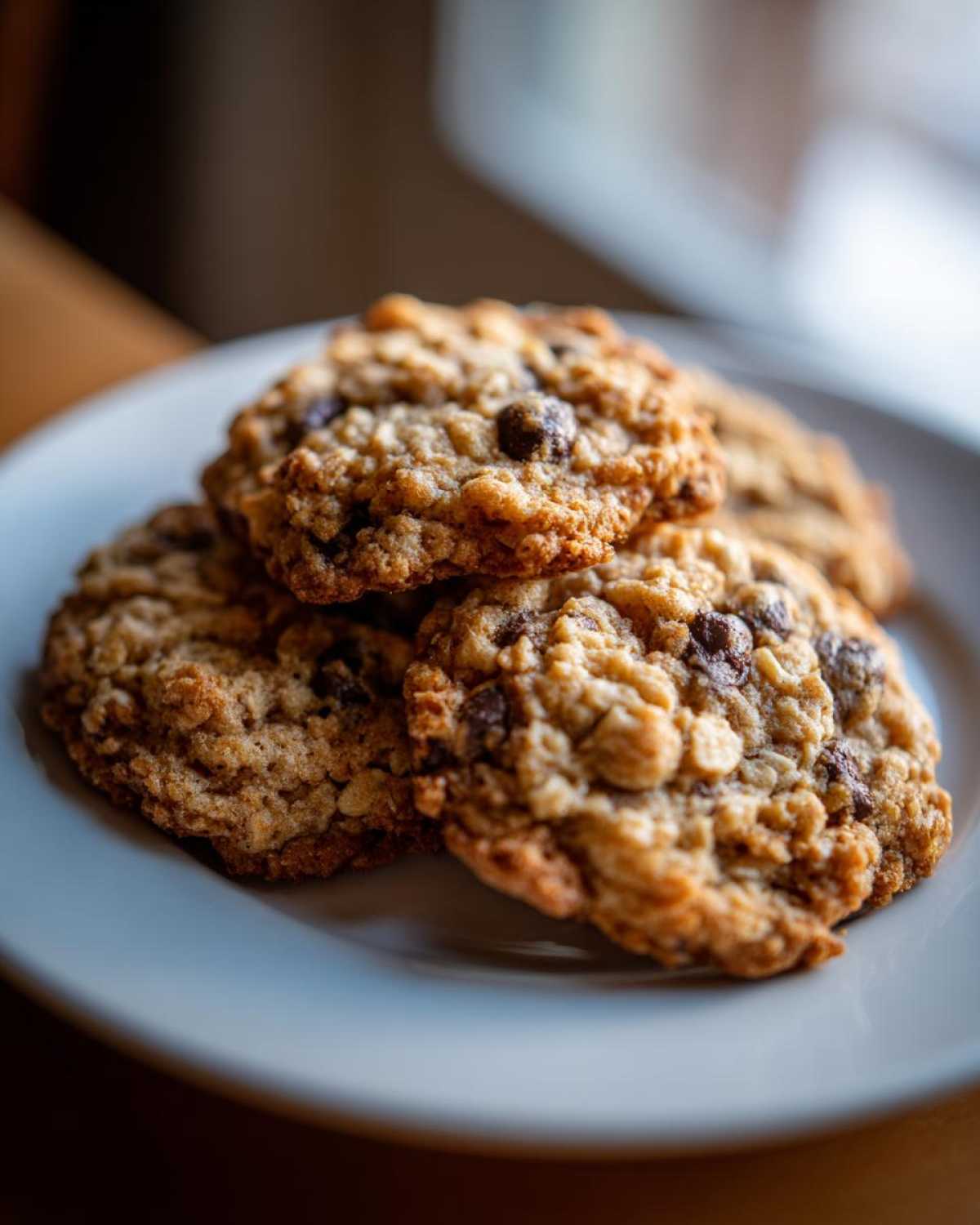 Close-up of three soft chocolate chip oatmeal cookie treats stacked slightly on a white plate.