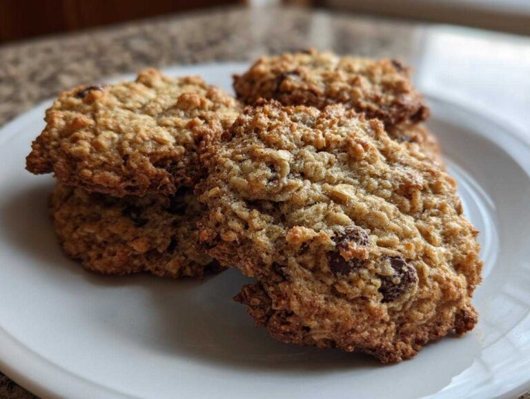Amazing 10 soft oatmeal cookie secrets Four freshly baked, soft oatmeal cookie treats stacked slightly on a white plate, featuring visible oats and chocolate chips.