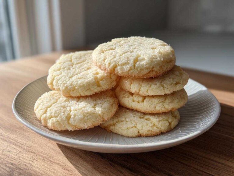 A stack of six freshly baked soft sugar cookies, lightly coated in granulated sugar, resting on a light gray plate.