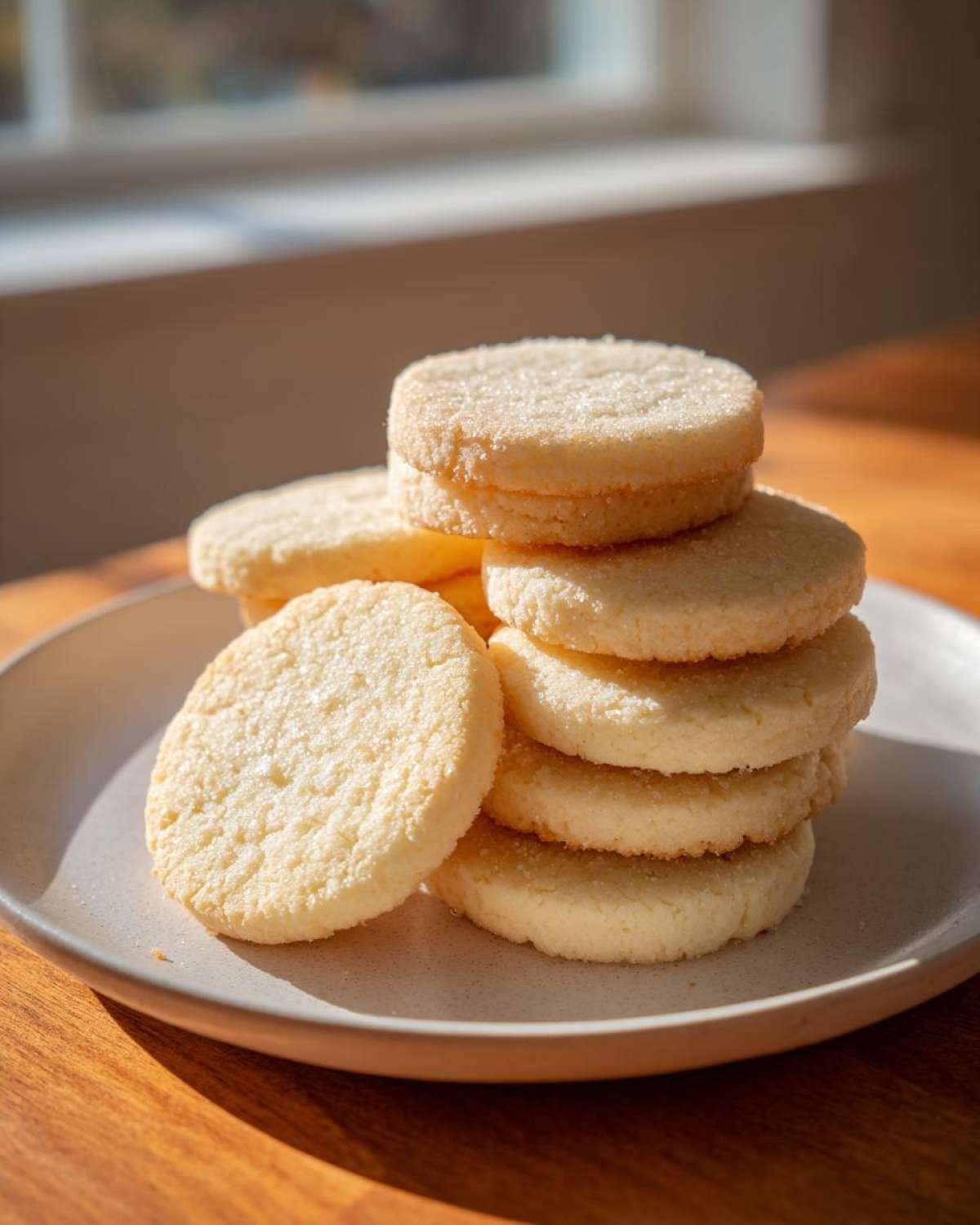A stack of round, pale yellow soft sugar cookies sprinkled with sugar, sitting on a light gray plate.
