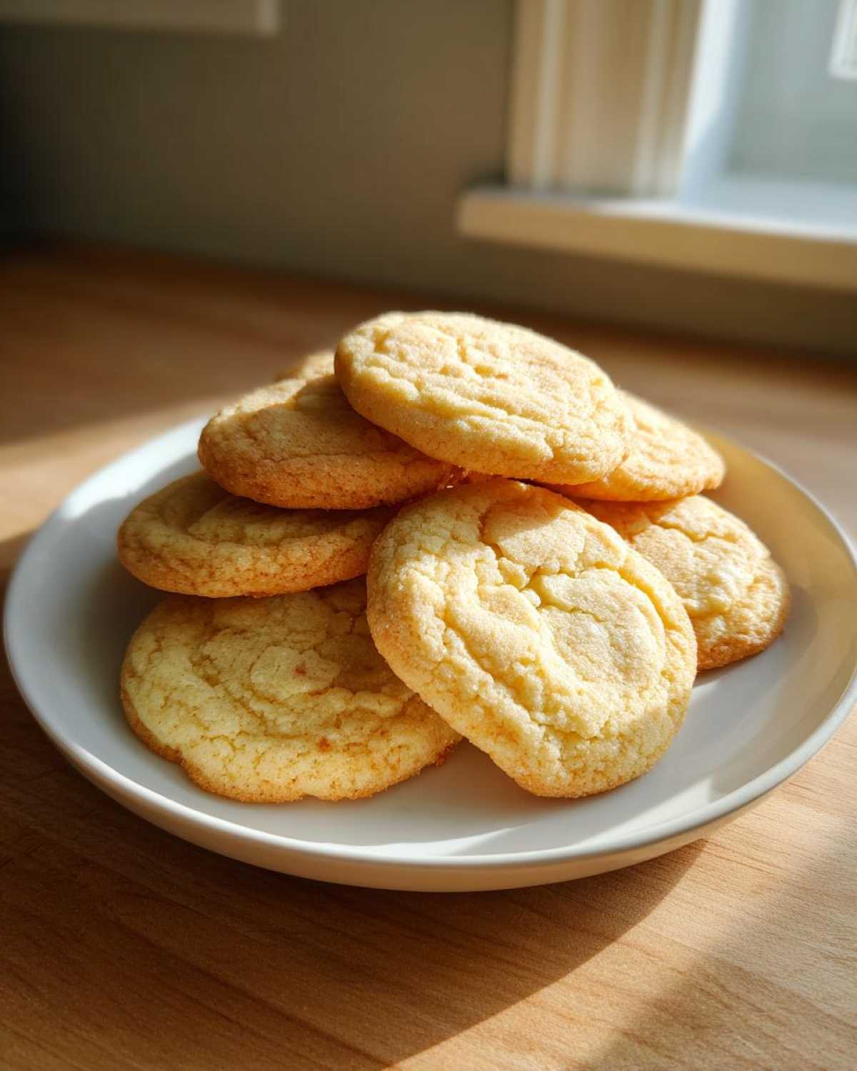 A stack of freshly baked, golden soft sugar cookies resting on a white plate, illuminated by sunlight.