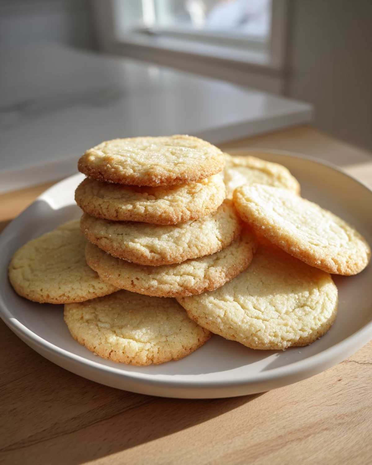 A stack of freshly baked, golden soft sugar cookies sprinkled with sugar, resting on a pale plate.