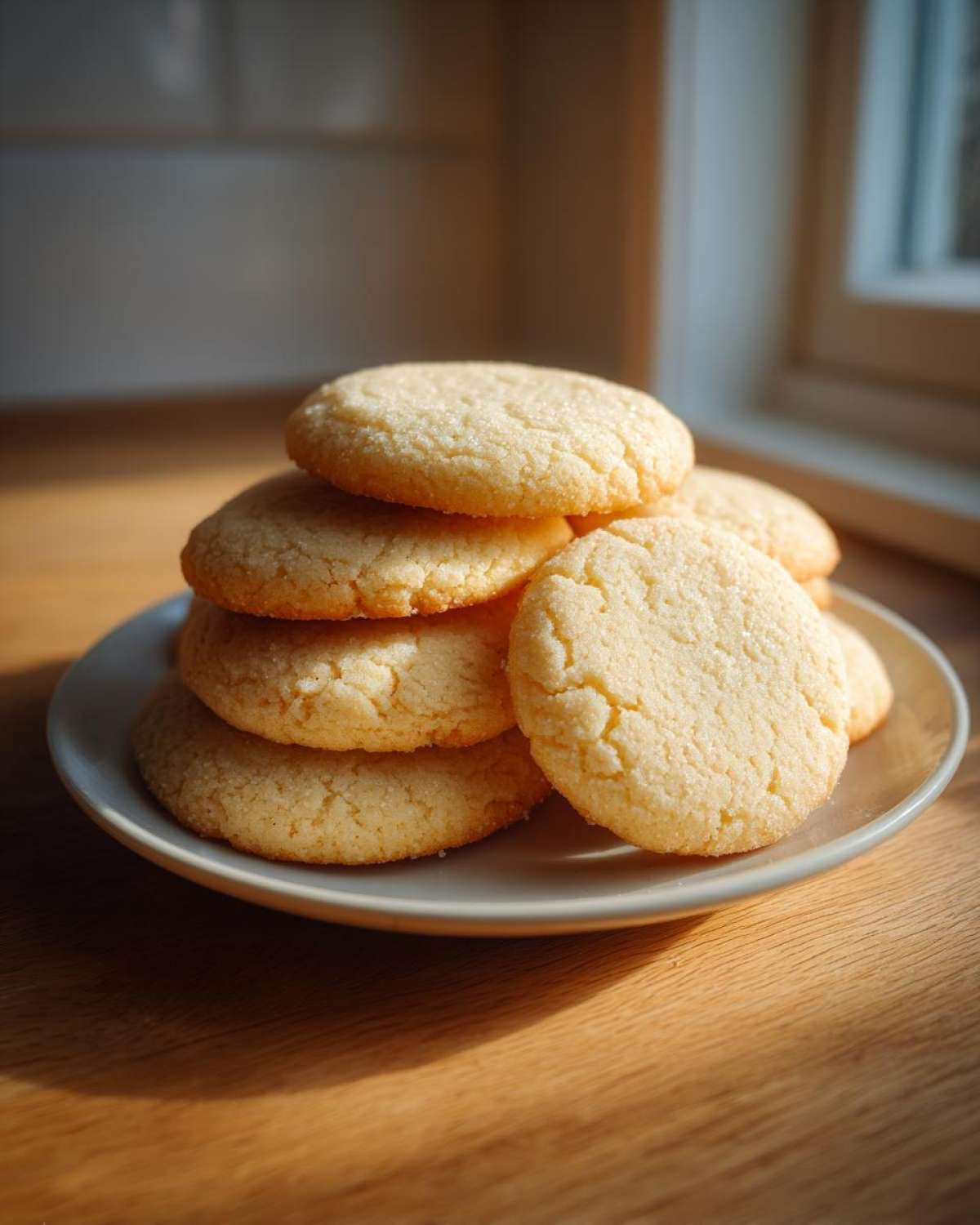 A stack of freshly baked, golden soft sugar cookies resting on a small gray plate near a window.