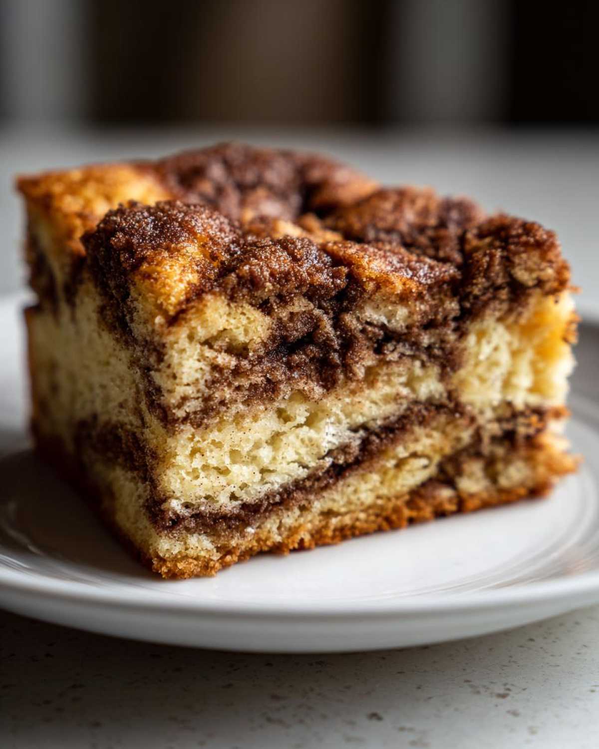 Close-up of a moist slice of sour cream coffee cake featuring a rich cinnamon swirl and crumbly streusel topping.