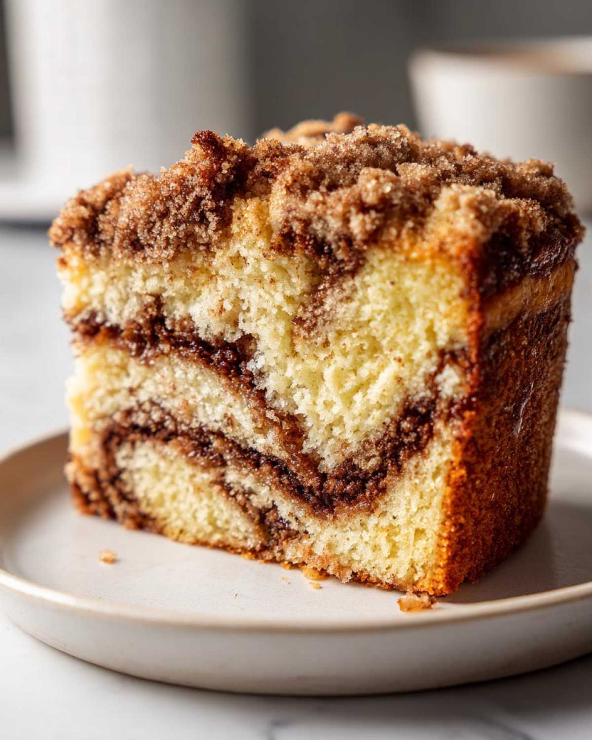 Close-up of a moist slice of sour cream coffee cake showing cinnamon swirl and thick brown sugar streusel topping.