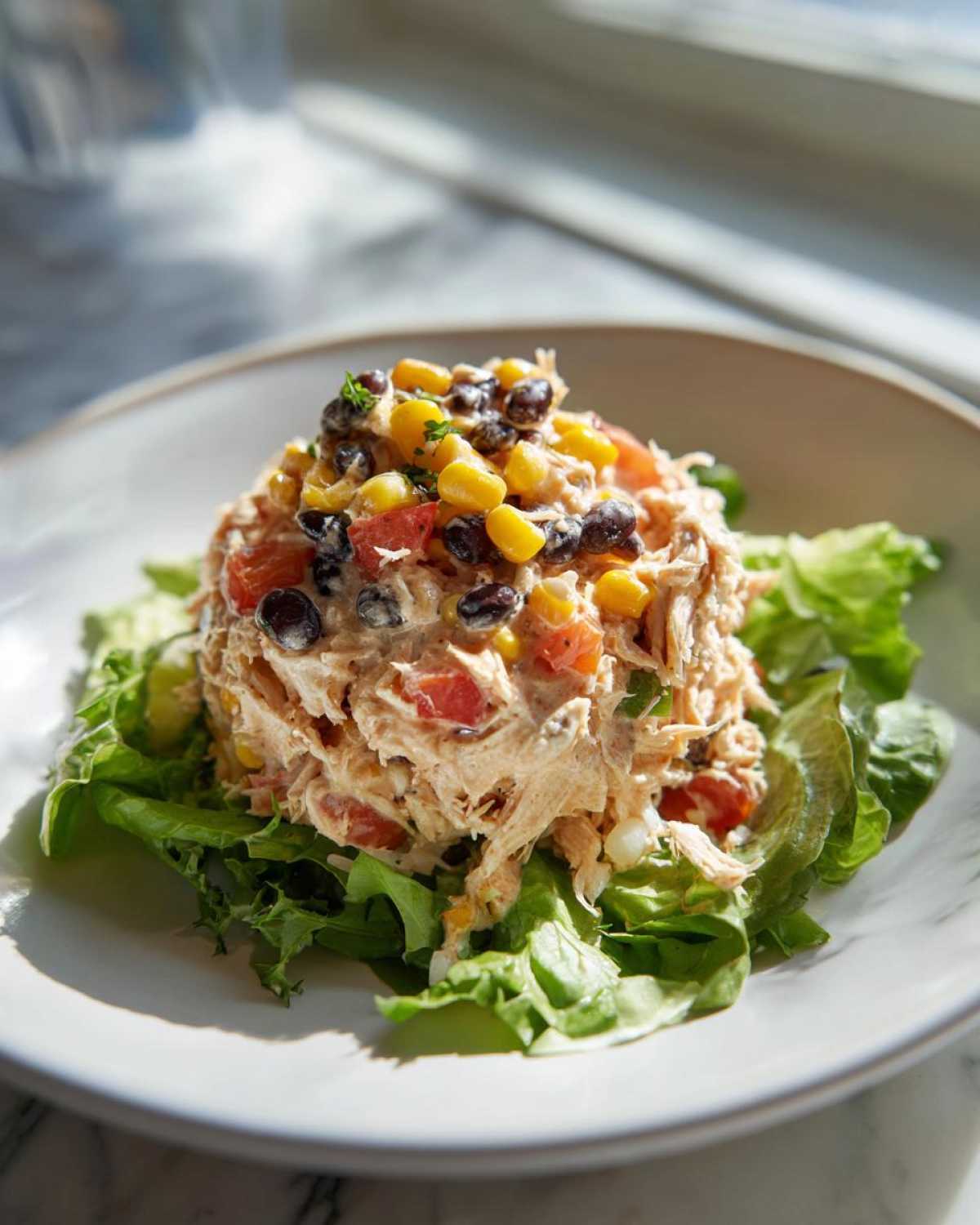 A scoop of creamy southwest chicken salad topped with black beans and corn, served over lettuce.