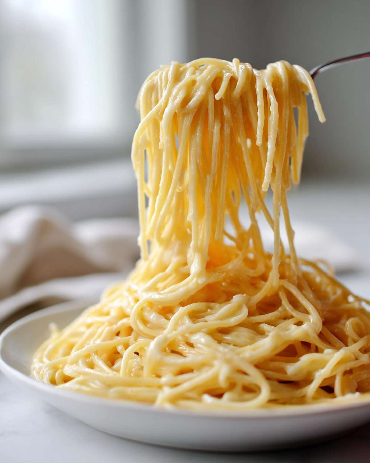 A fork lifting spaghetti noodles heavily coated in creamy Olive Garden Alfredo sauce from a white bowl.
