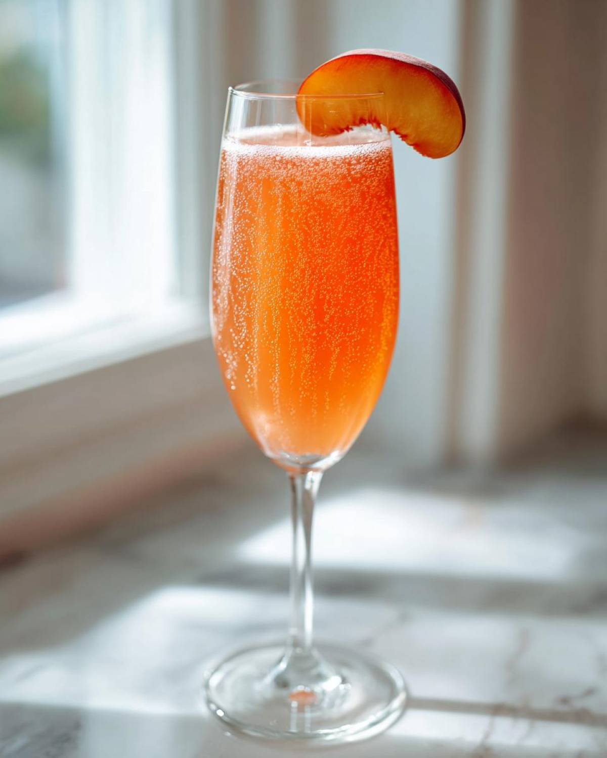 A bright orange, fizzy bellini recipe cocktail garnished with a fresh peach slice in a champagne flute.