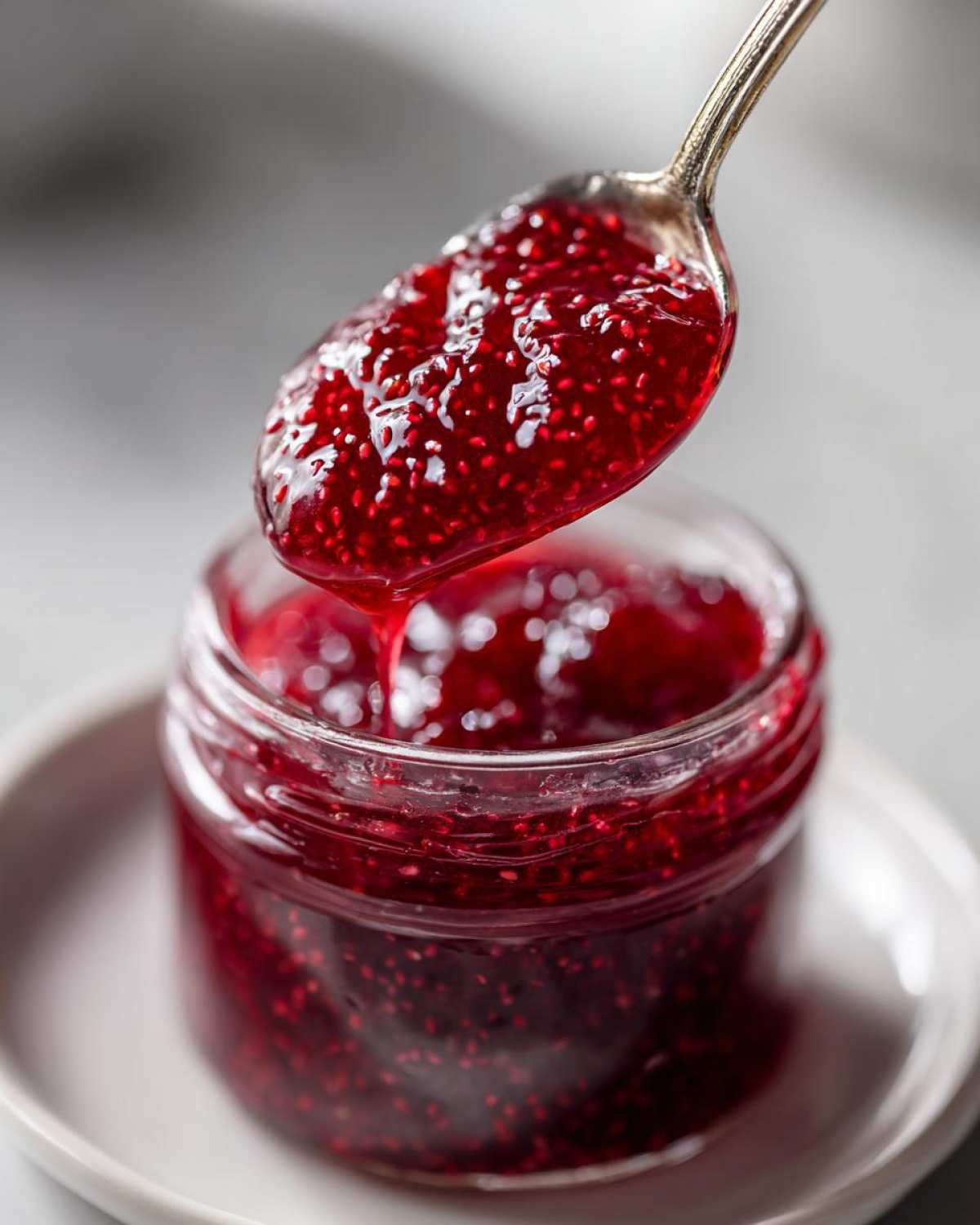 A silver spoon lifts a thick, glossy spoonful of bright red raspberry jam from a small glass jar.