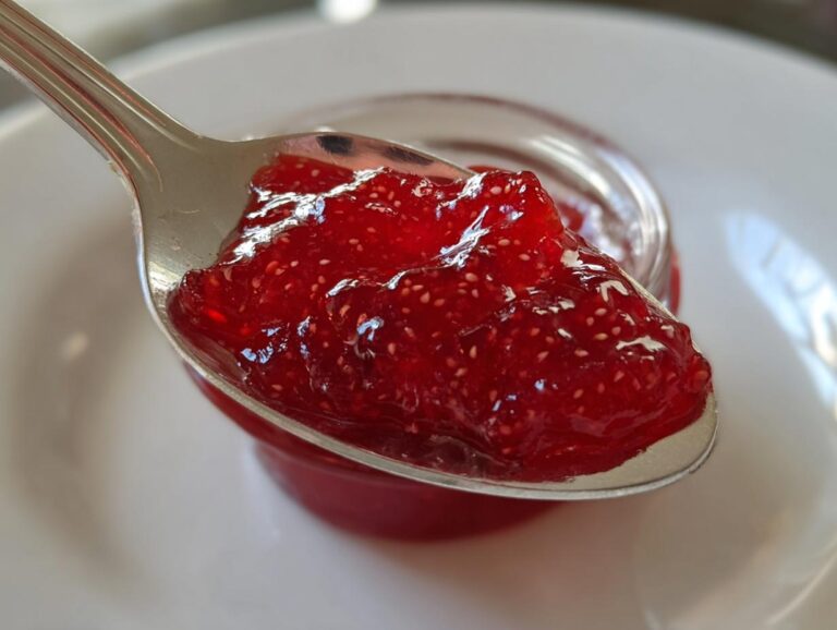 Close-up of a spoonful of glistening, bright red homemade raspberry jam showing visible seeds.