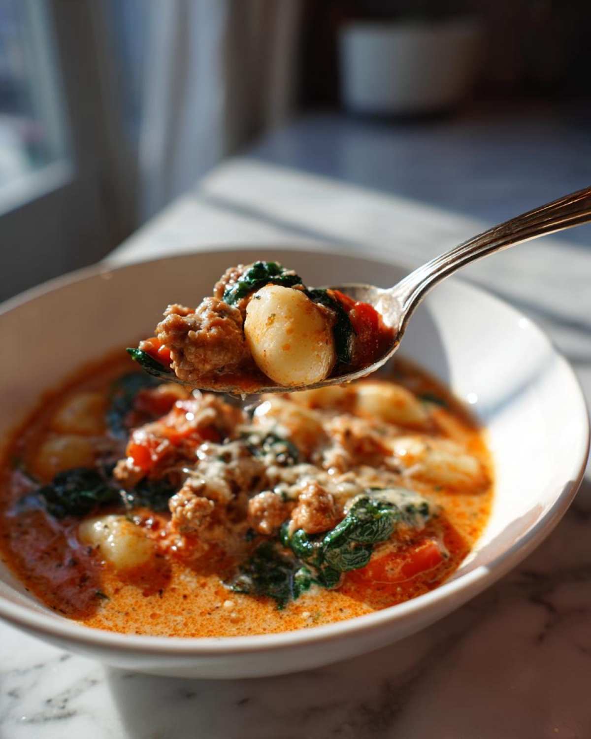 A spoonful lifted from a bowl of creamy sausage gnocchi soup showing gnocchi, sausage, and spinach.