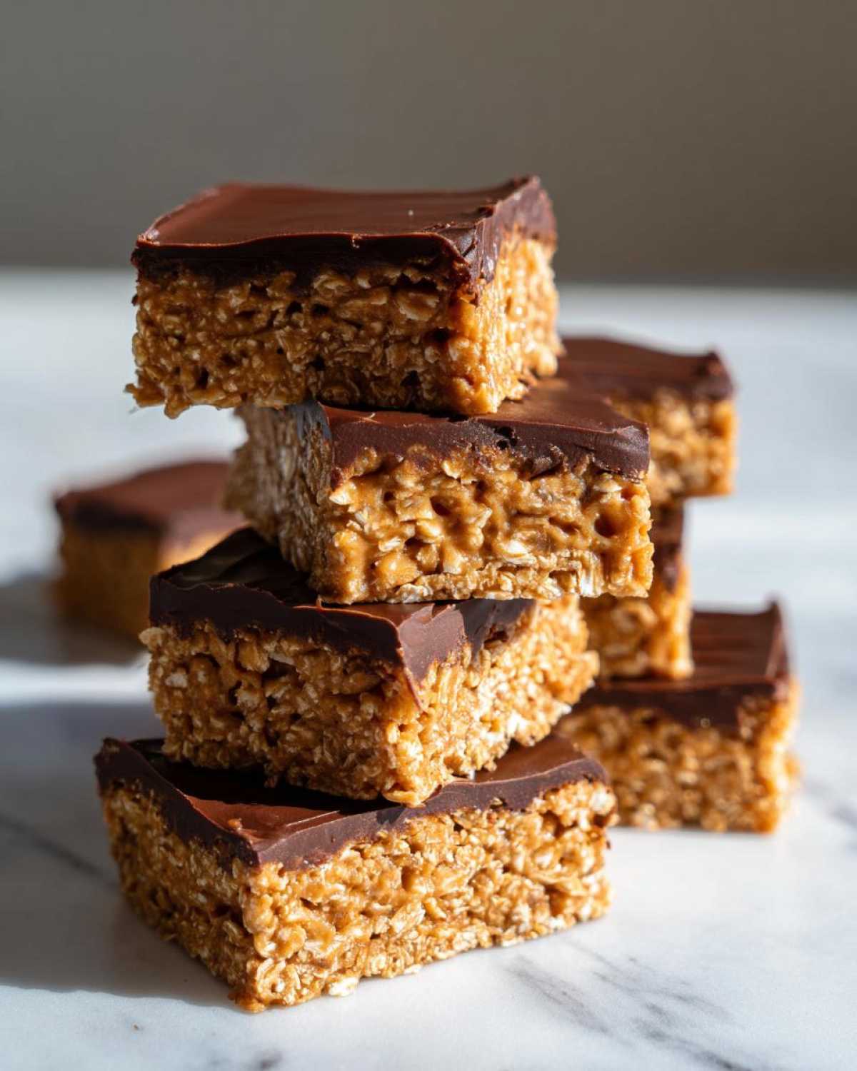 A stack of homemade, no-bake protein bars made with oats and topped with a thick layer of dark chocolate.