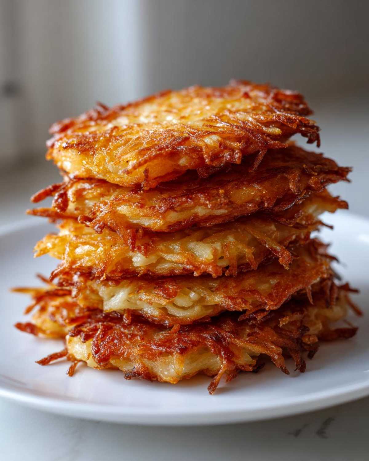 A tall stack of golden brown, crispy potato pancakes served on a white plate.