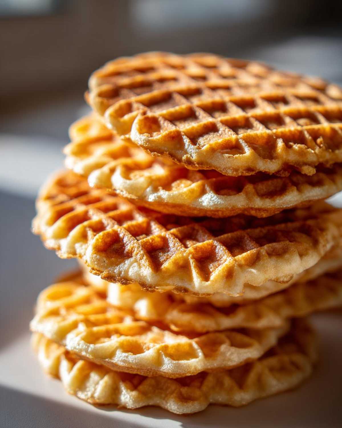 Close-up of a stack of five golden brown, crisp pizzelle cookies showing their distinct waffle pattern.