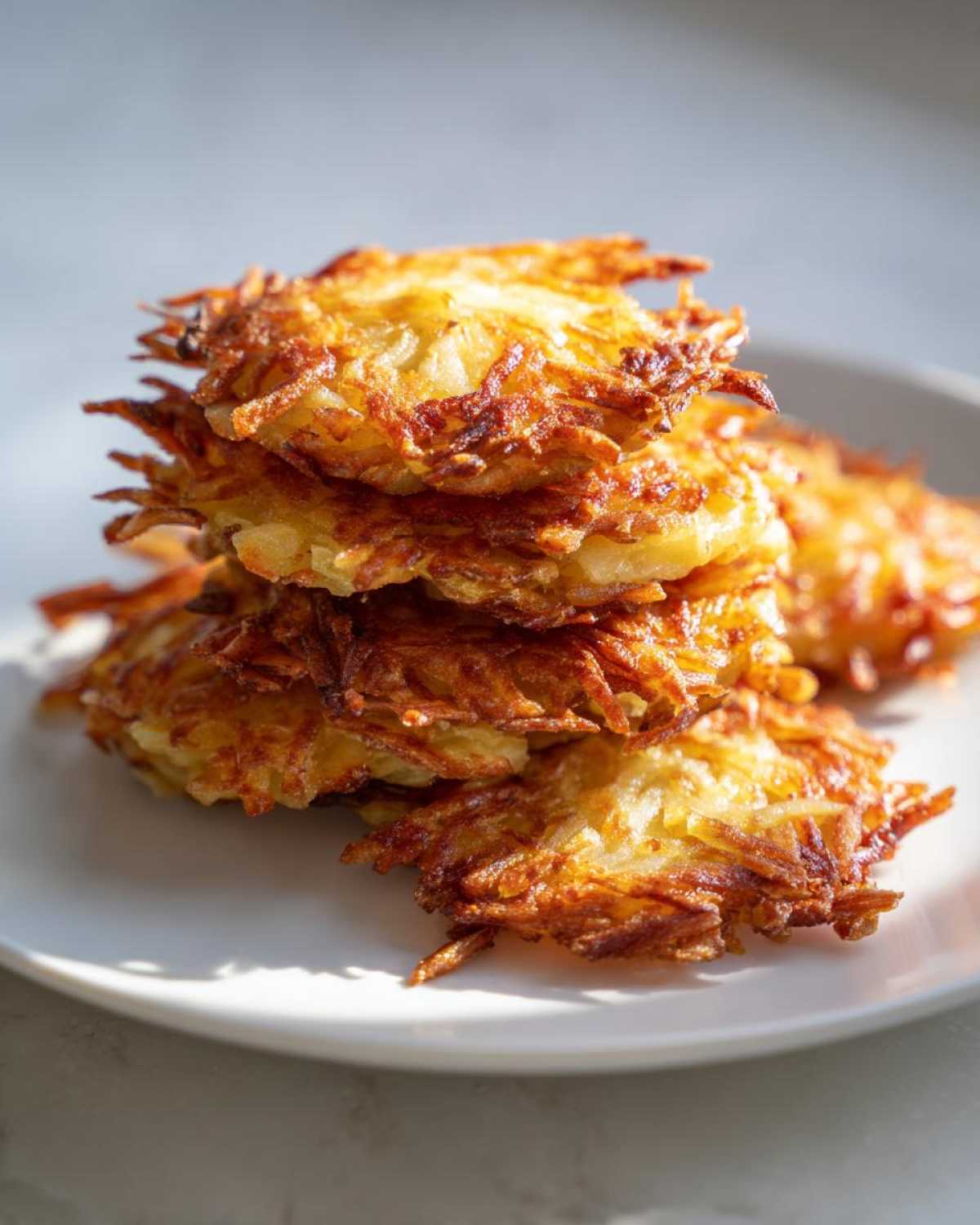 A tall stack of golden brown, crispy potato pancakes served on a white plate.