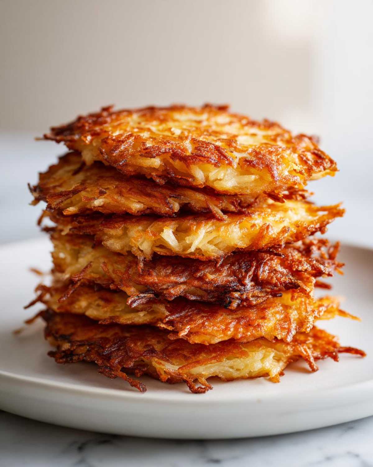 A tall stack of five golden-brown, crispy potato pancakes on a white plate.