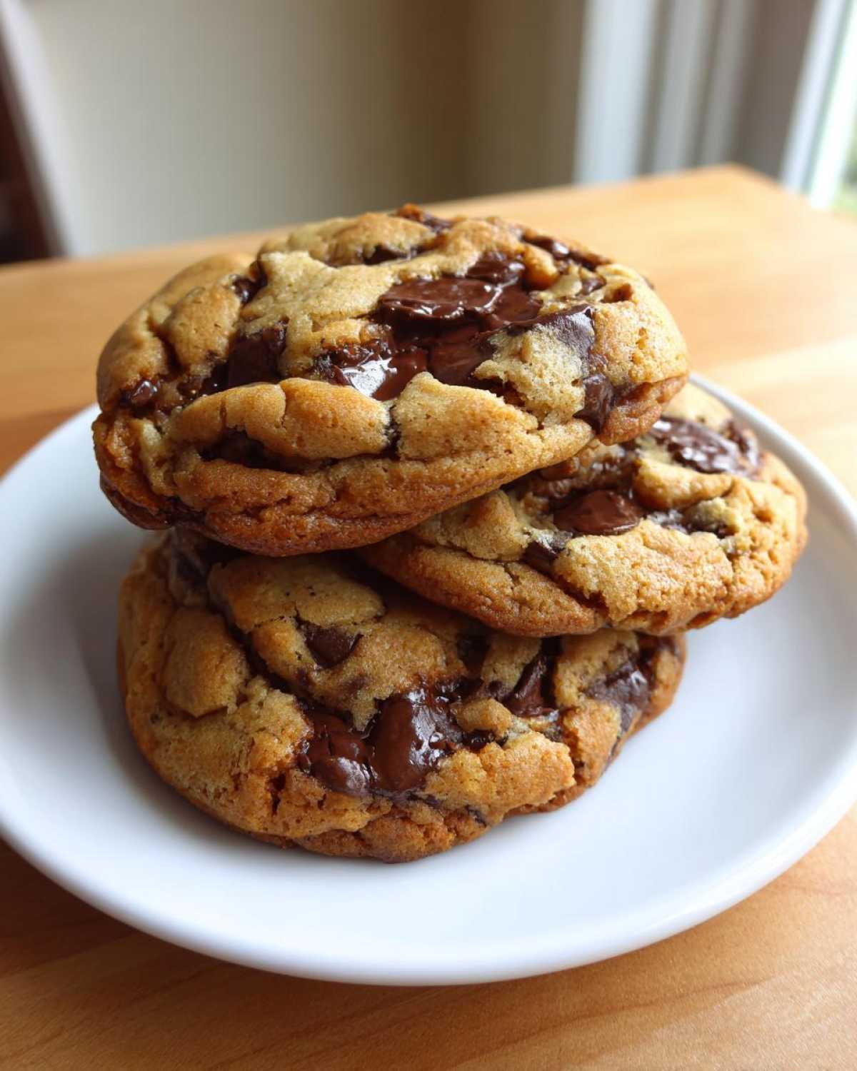 A stack of three freshly baked vegan chocolate chip cookies with melted chocolate chunks on a white plate.