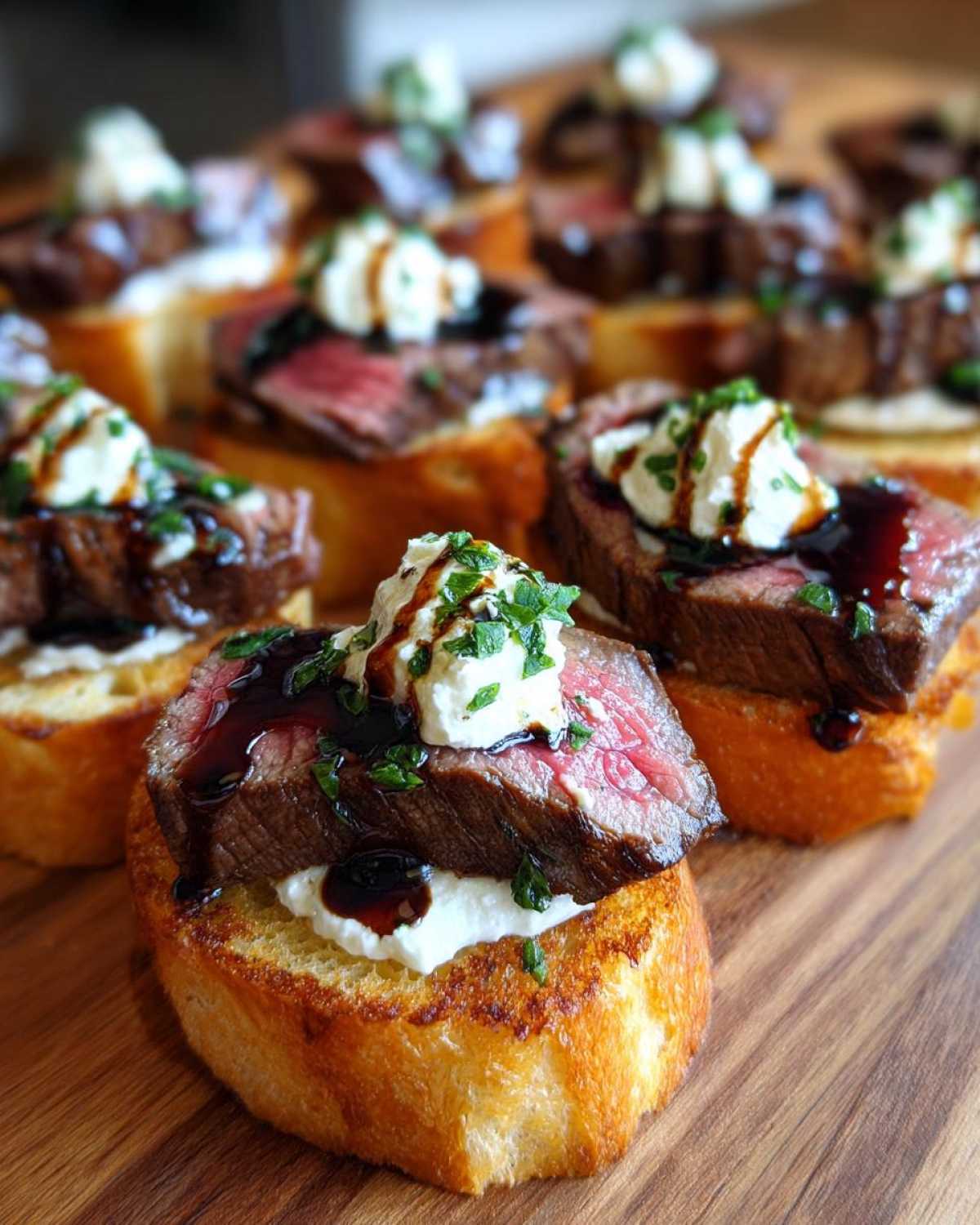 Close-up of several steak crostini appetizers topped with steak, cheese, and balsamic glaze.