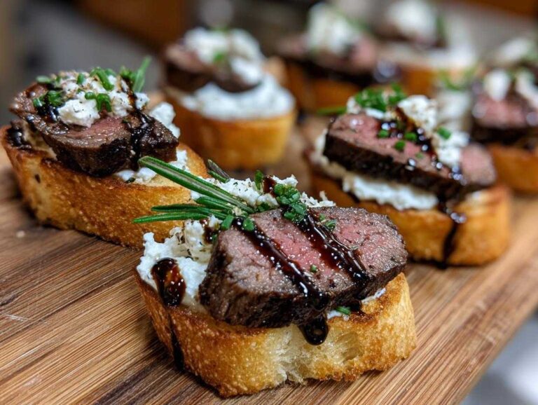 Close-up of perfectly cooked steak crostini appetizers topped with cheese, balsamic glaze, and herbs on a wooden cutting board.
