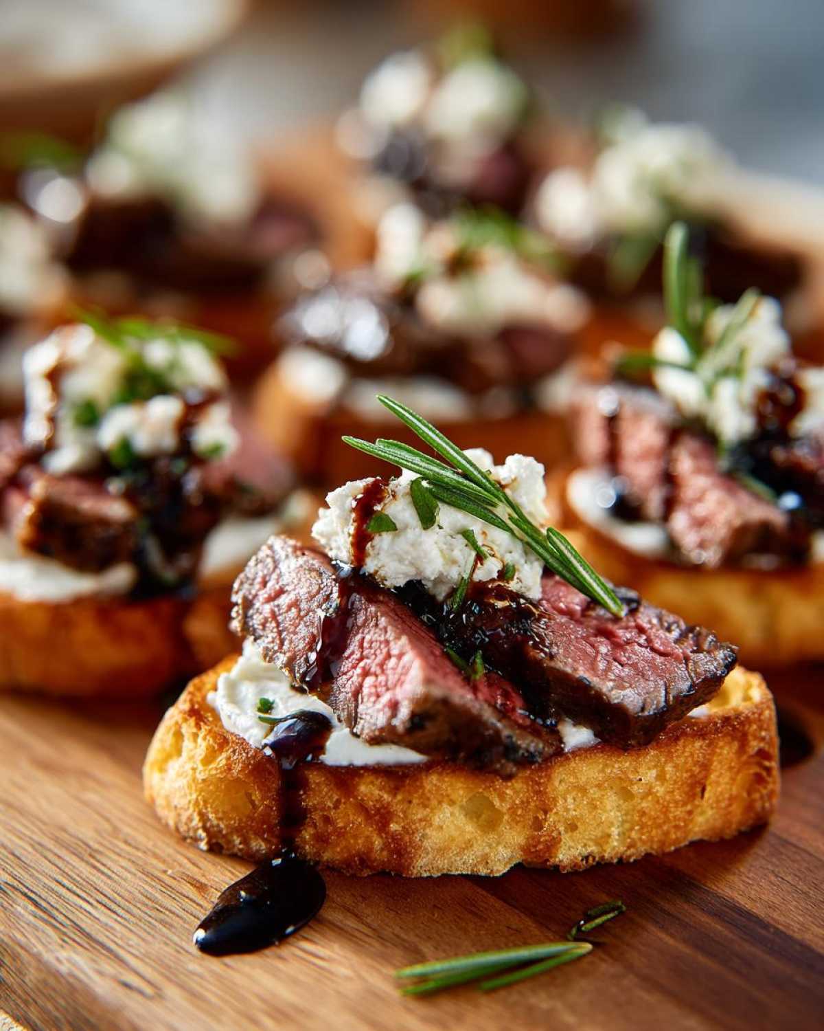Close-up of a perfectly cooked steak crostini topped with creamy goat cheese, sliced medium-rare steak, and fresh rosemary.