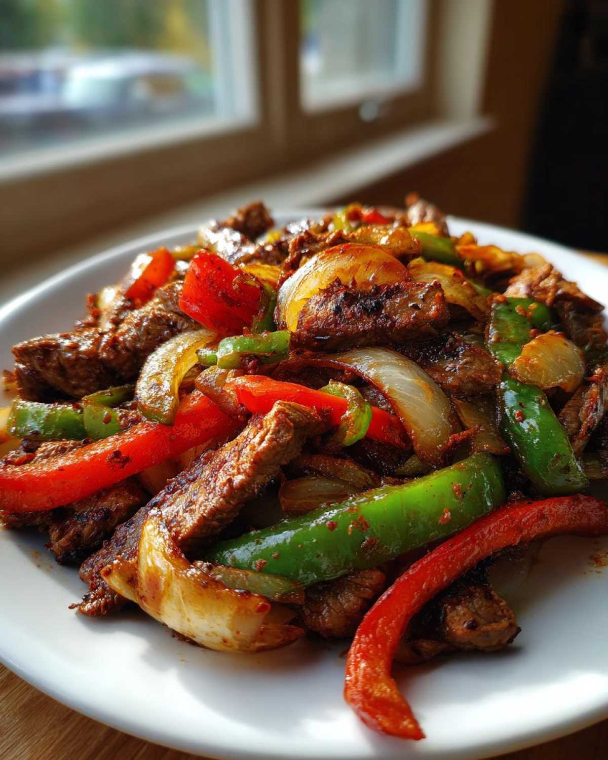 A close-up of freshly cooked steak fajitas featuring seasoned strips of beef mixed with vibrant red and green bell peppers and caramelized onions.