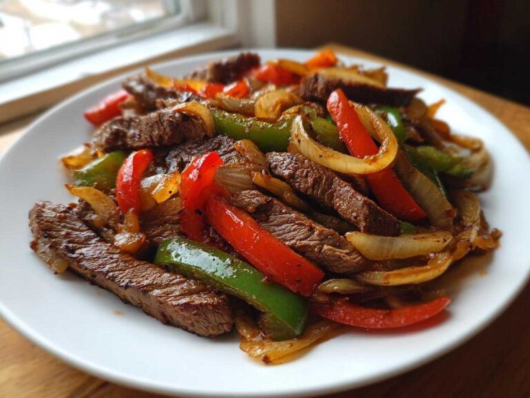 A close-up of vibrant steak fajitas featuring sliced steak, red and green bell peppers, and onions on a white plate.