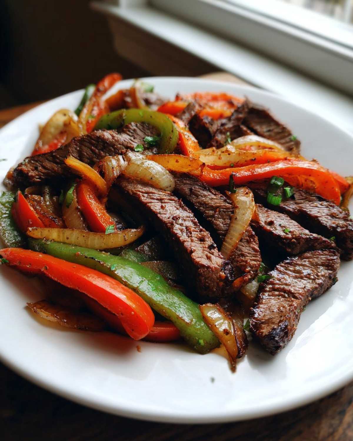 A close-up of perfectly cooked, sliced steak fajitas mixed with sautéed red and green peppers and onions.