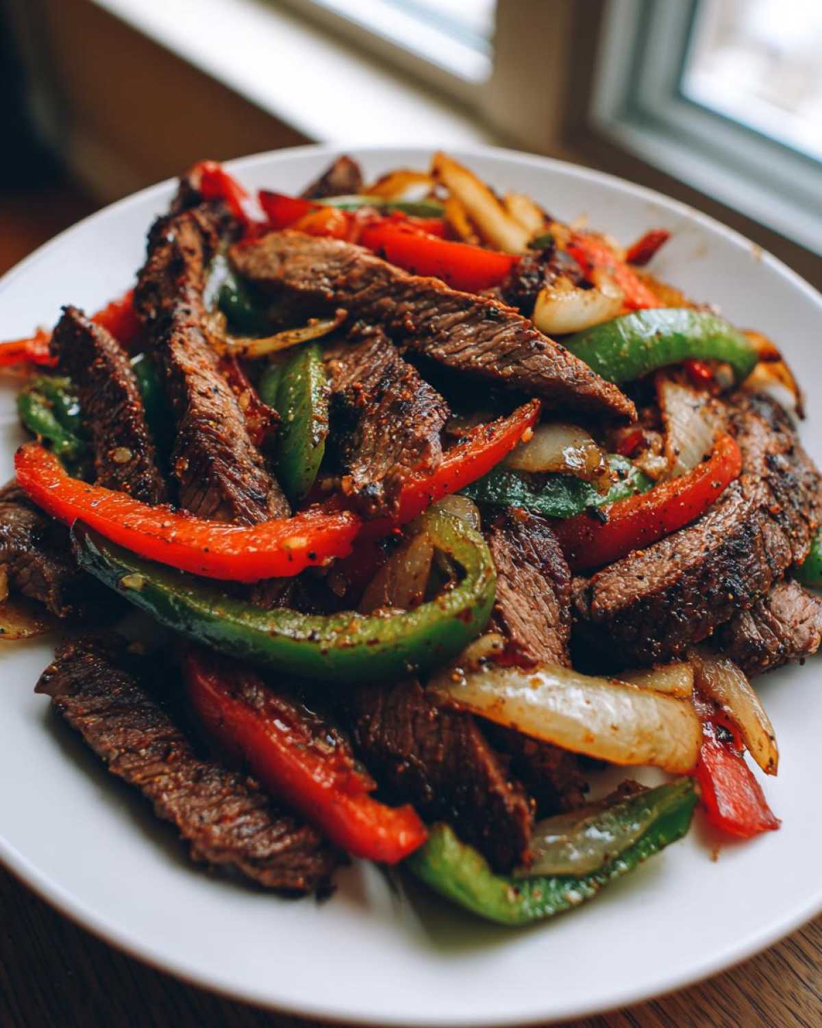 Close-up of seasoned steak fajitas mixed with vibrant red and green bell peppers and onions on a white plate.