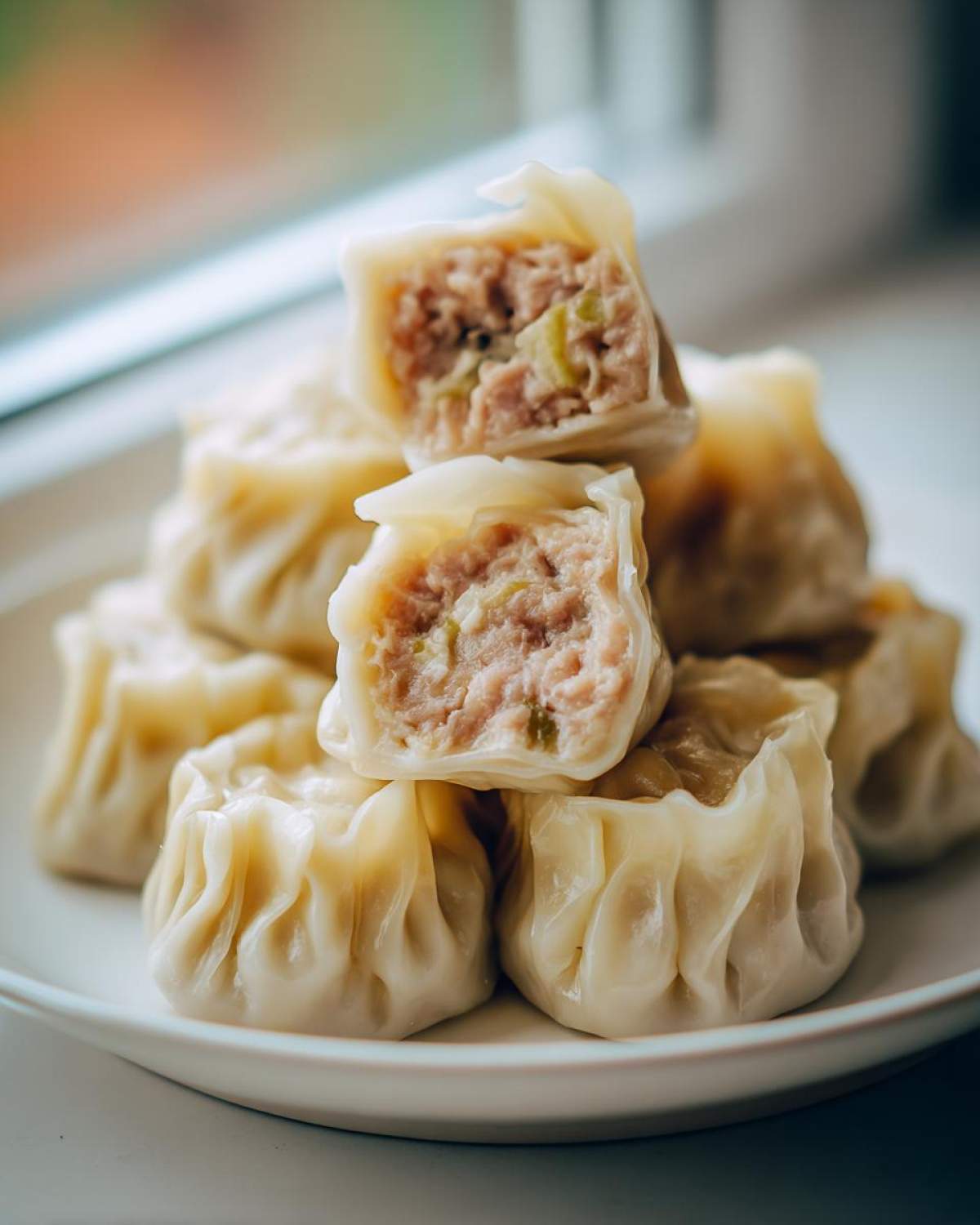 A stack of steamed Traditional Chinese Dumplings, with the top two cut open to show the savory pork and vegetable filling.