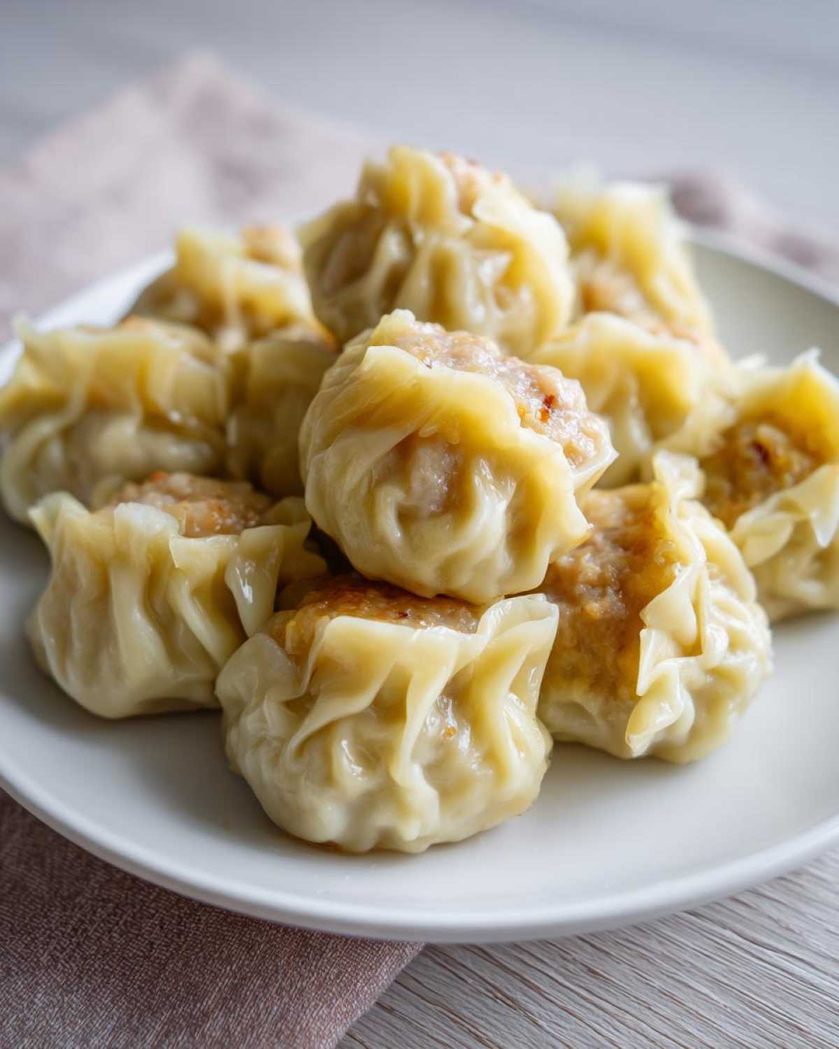 A close-up of several steamed Traditional Chinese Dumplings (Shumai style) piled on a white plate.