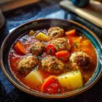 Close-up of a steaming bowl of albondigas soup featuring meatballs, large chunks of potato, and carrots in a rich tomato broth.