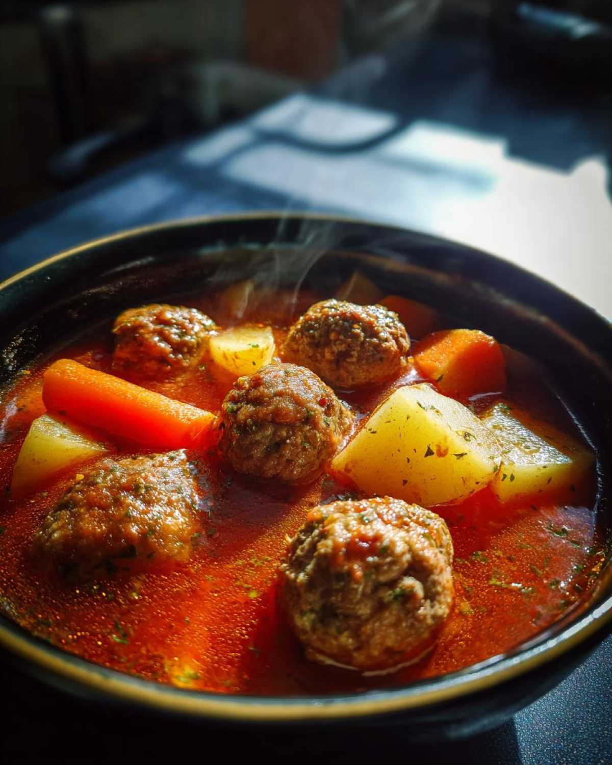 Close-up of a steaming bowl of rich, red broth albondigas soup featuring meatballs, potatoes, and carrots.