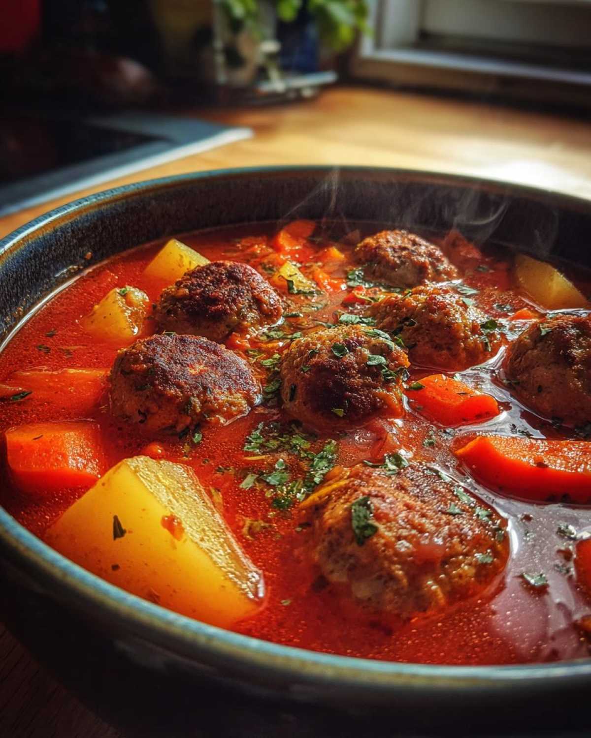 Close-up of a steaming bowl of rich, red albondigas soup filled with browned meatballs, potato chunks, and sliced carrots.
