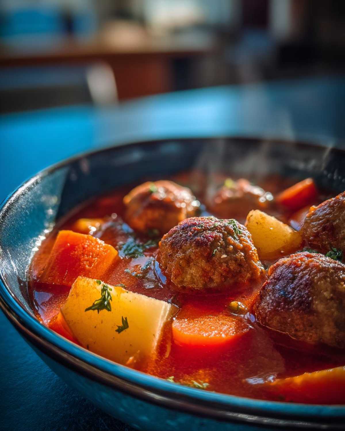 Close-up of a steaming bowl of rich, red albondigas soup featuring meatballs, potatoes, and carrots.