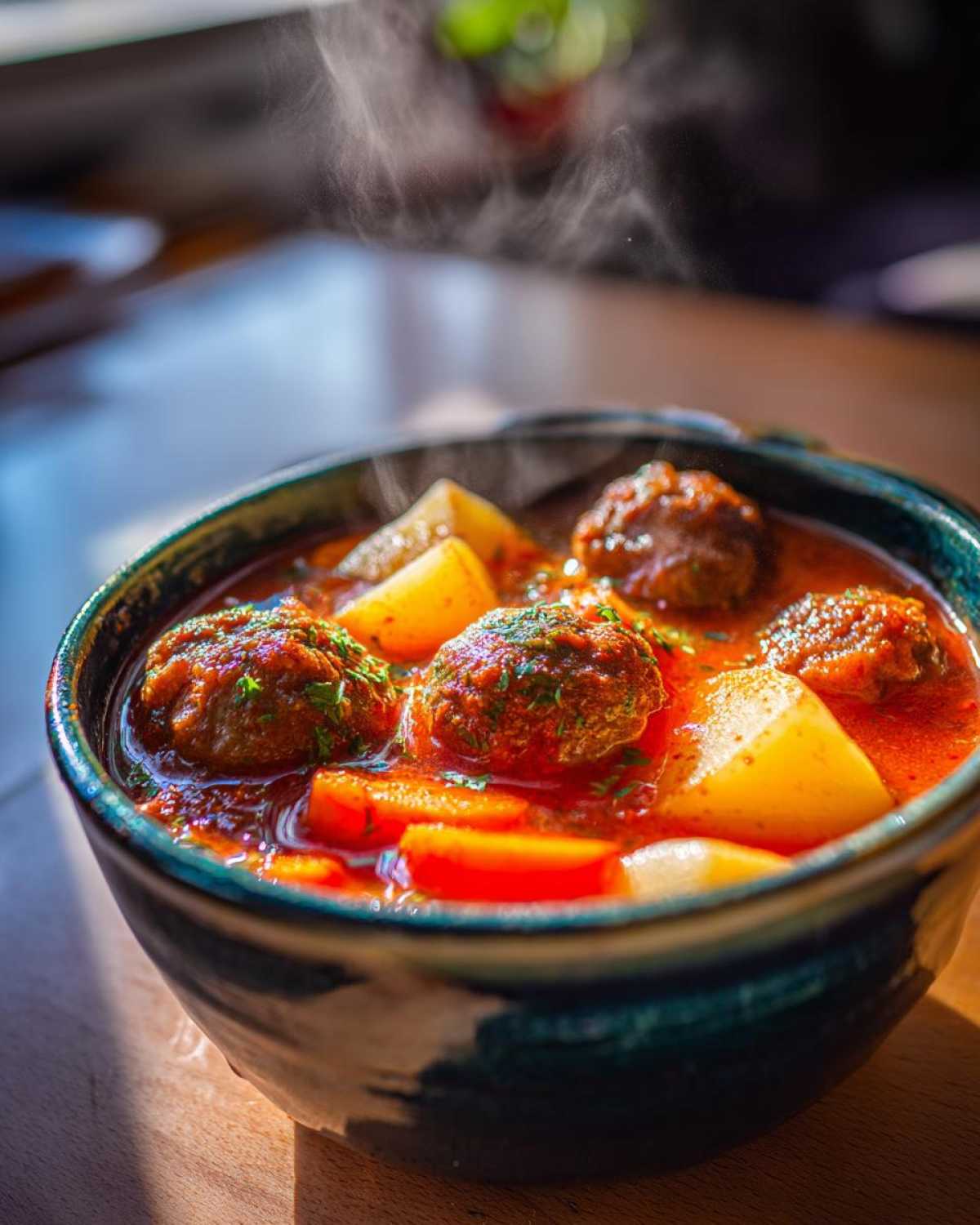 Close-up of a steaming bowl of rich, red albondigas soup featuring meatballs and chunks of potatoes and carrots.