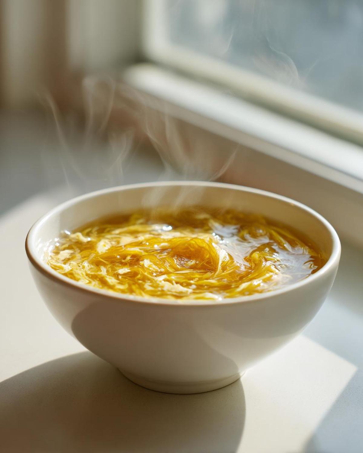 A steaming white bowl filled with golden egg drop soup, set near a window for natural light.