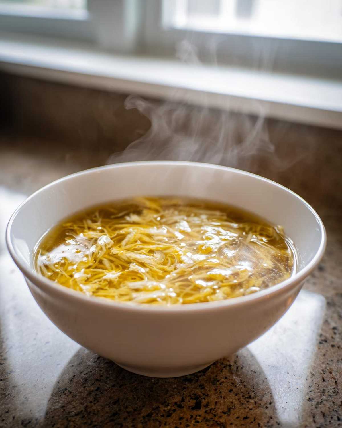 A white bowl filled with hot, steaming egg drop soup featuring delicate ribbons of cooked egg.