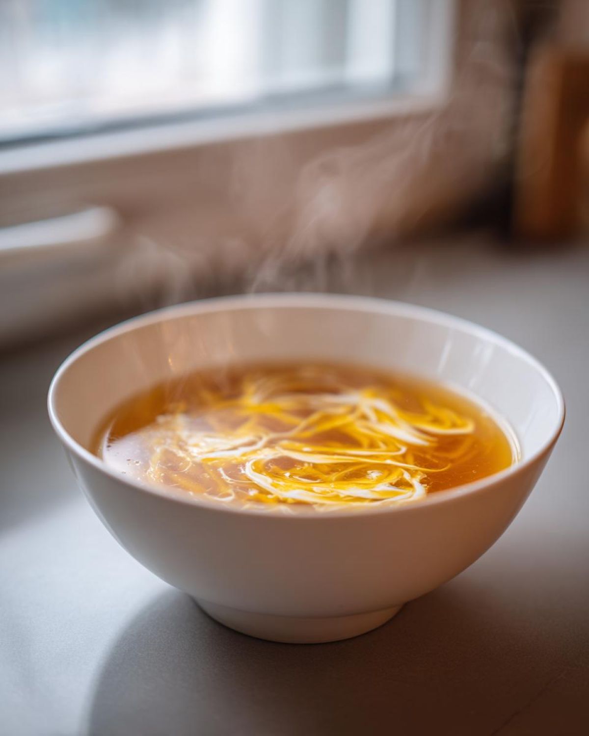 Close-up of a steaming white bowl filled with hot egg drop soup showing ribbons of cooked egg.