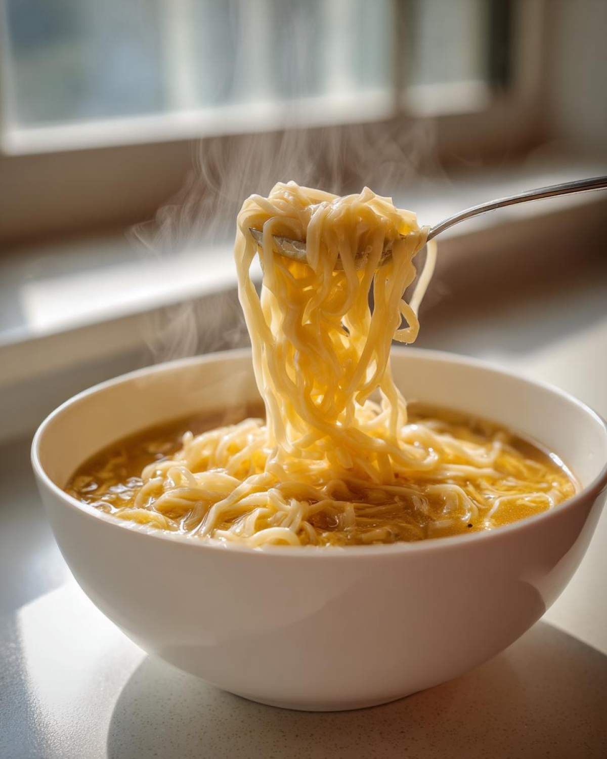 A fork lifts steaming noodles from a white bowl of amazing egg drop soup.