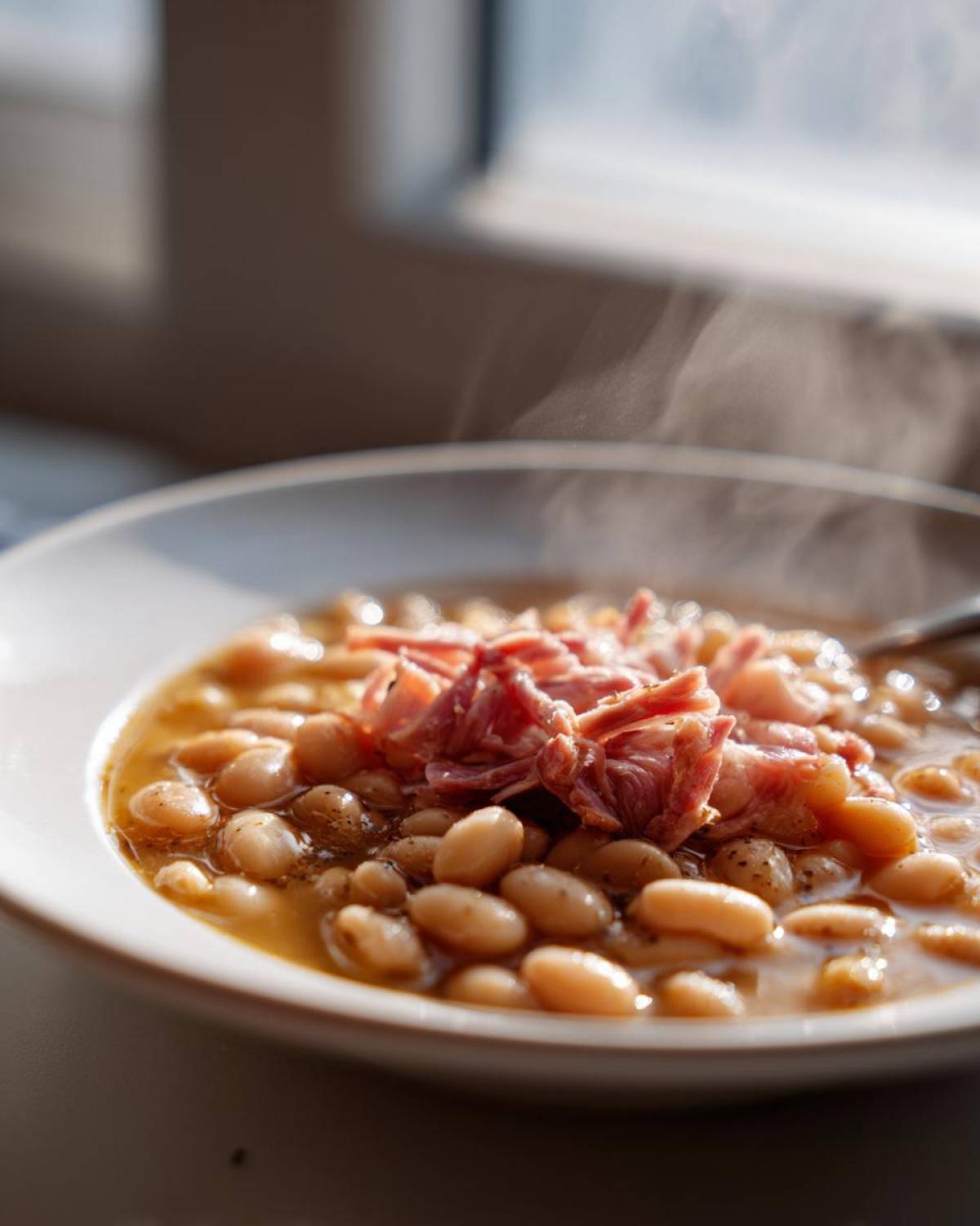 Close-up of a steaming bowl of hearty white bean soup topped with shredded ham, perfect for a low-calorie bean soup recipe.
